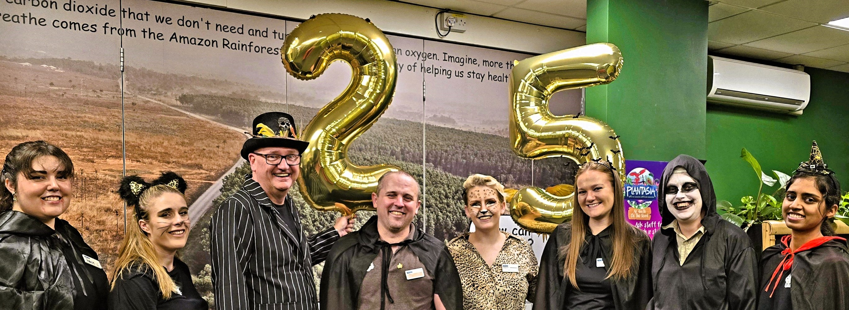 a group of people in halloween costumes posing for the camera, with balloons in the shape of 25 in the background